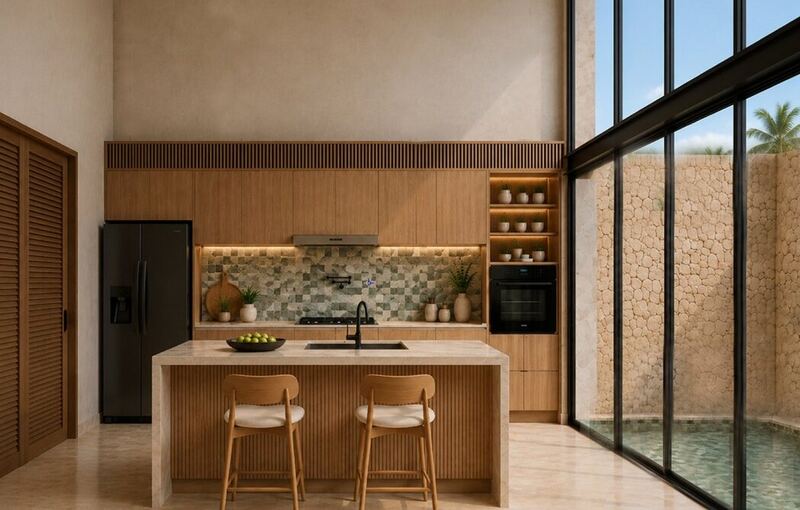 Render, cocina de Casa Raíz