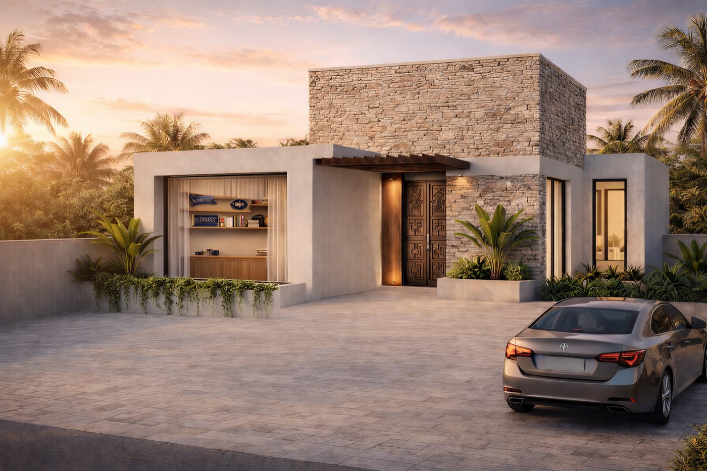 Render, fachada de Casa Raíz