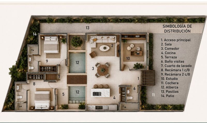 Planta de distribución arquitectónica de Casa Raíz