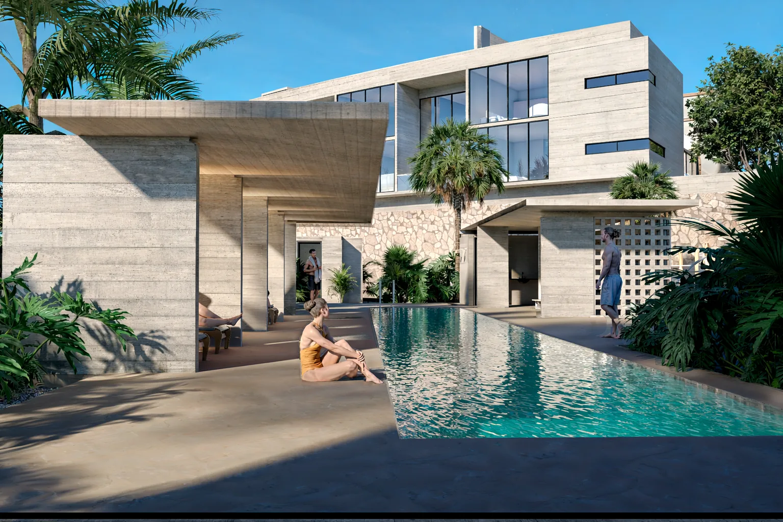 Render arquitectónico — alberca y área lounge, amenidad principal de Vi-Ha 36